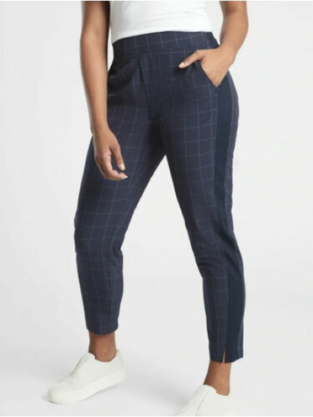 Athleta Brooklyn Textured Ankle Pant -Navy Windowpane print